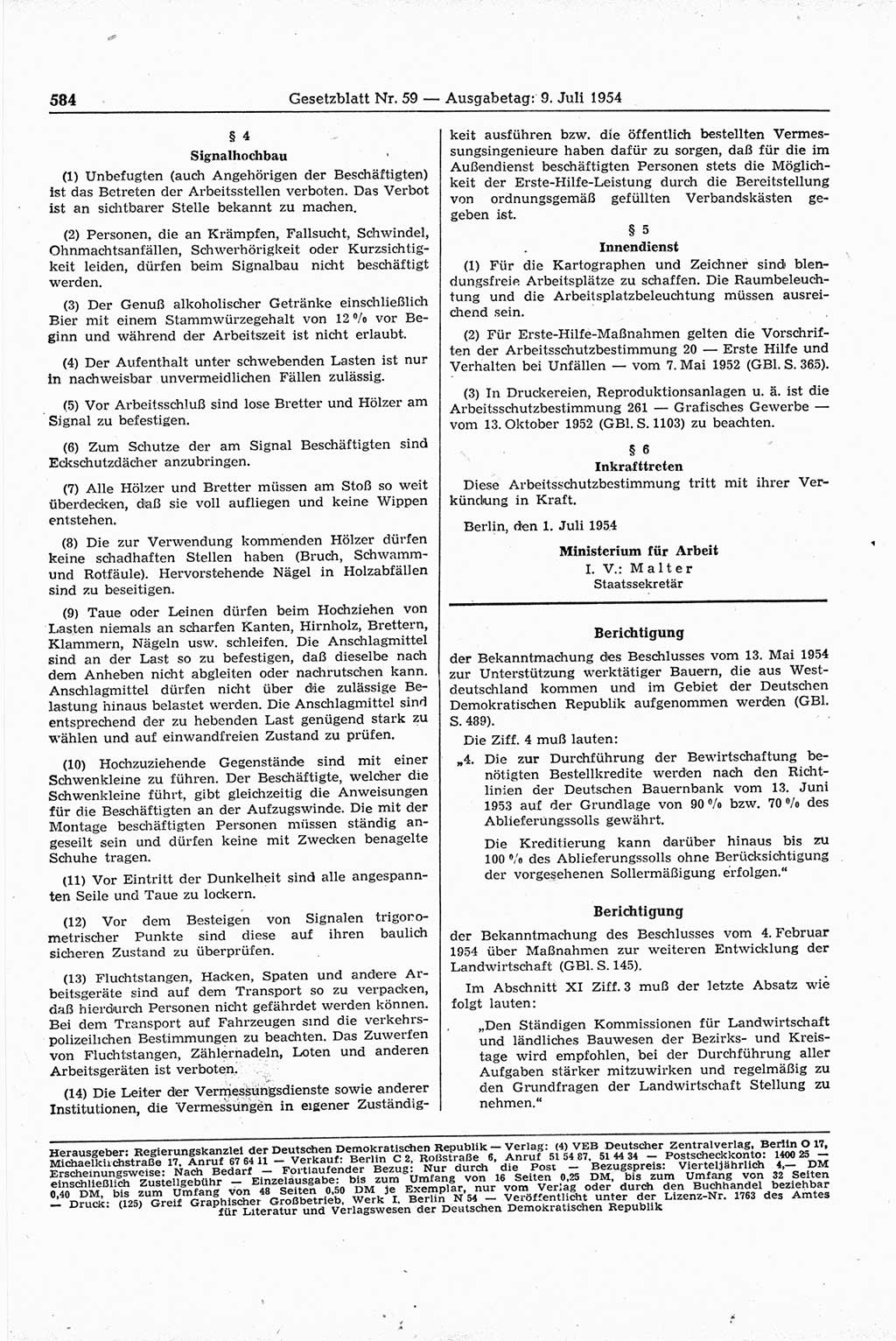 Gesetzblatt (GBl.) der Deutschen Demokratischen Republik (DDR) 1954, Seite 584 (GBl. DDR 1954, S. 584)