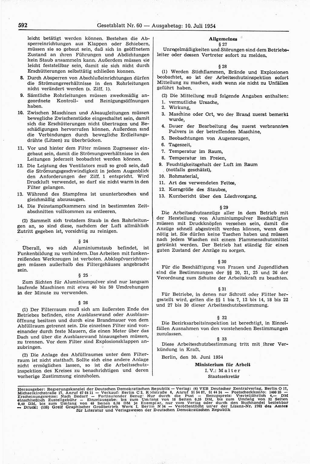 Gesetzblatt (GBl.) der Deutschen Demokratischen Republik (DDR) 1954, Seite 592 (GBl. DDR 1954, S. 592)