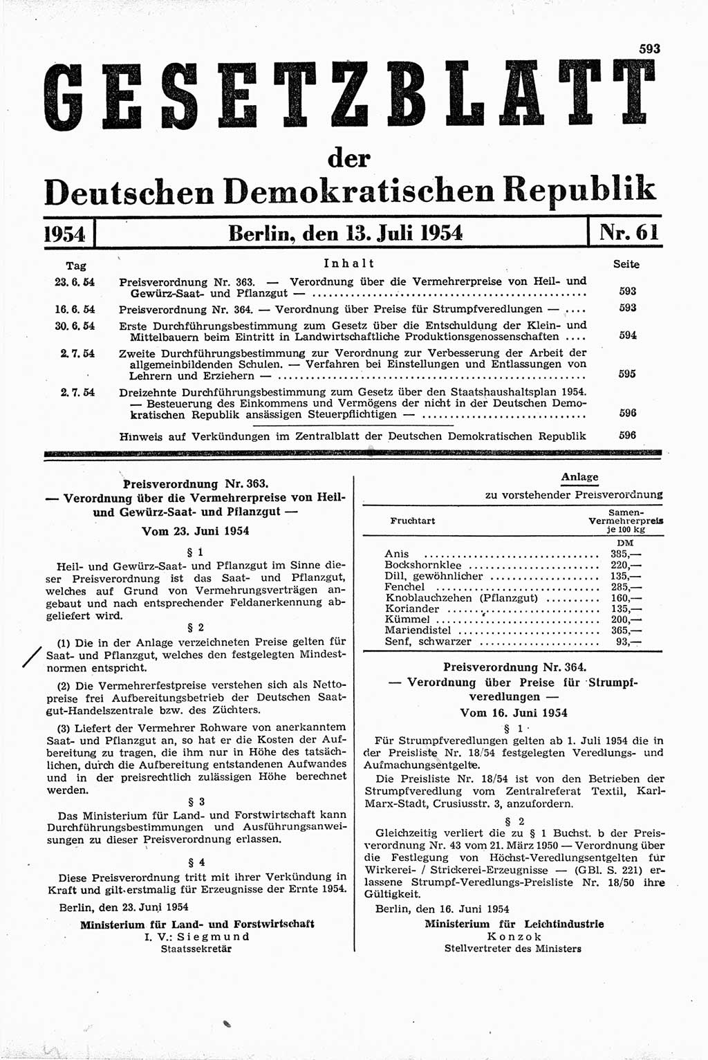 Gesetzblatt (GBl.) der Deutschen Demokratischen Republik (DDR) 1954, Seite 593 (GBl. DDR 1954, S. 593)