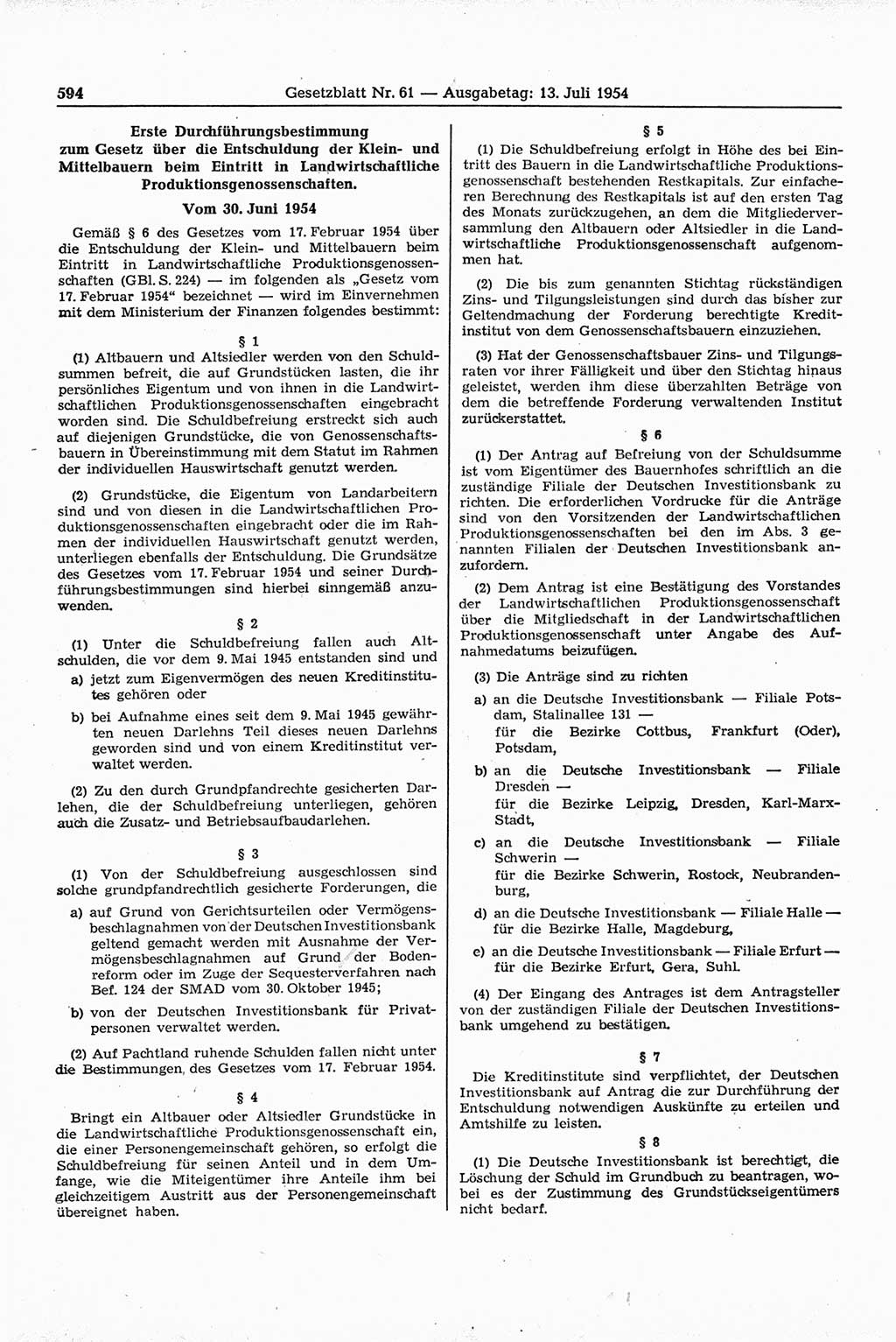 Gesetzblatt (GBl.) der Deutschen Demokratischen Republik (DDR) 1954, Seite 594 (GBl. DDR 1954, S. 594)