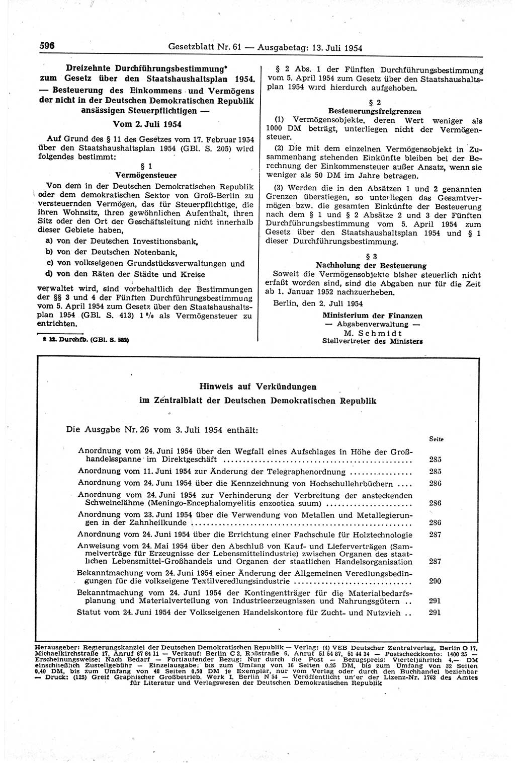 Gesetzblatt (GBl.) der Deutschen Demokratischen Republik (DDR) 1954, Seite 596 (GBl. DDR 1954, S. 596)