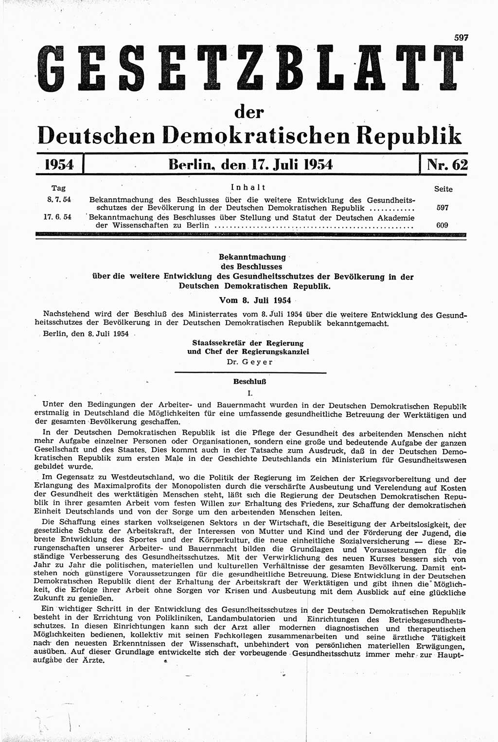 Gesetzblatt (GBl.) der Deutschen Demokratischen Republik (DDR) 1954, Seite 597 (GBl. DDR 1954, S. 597)