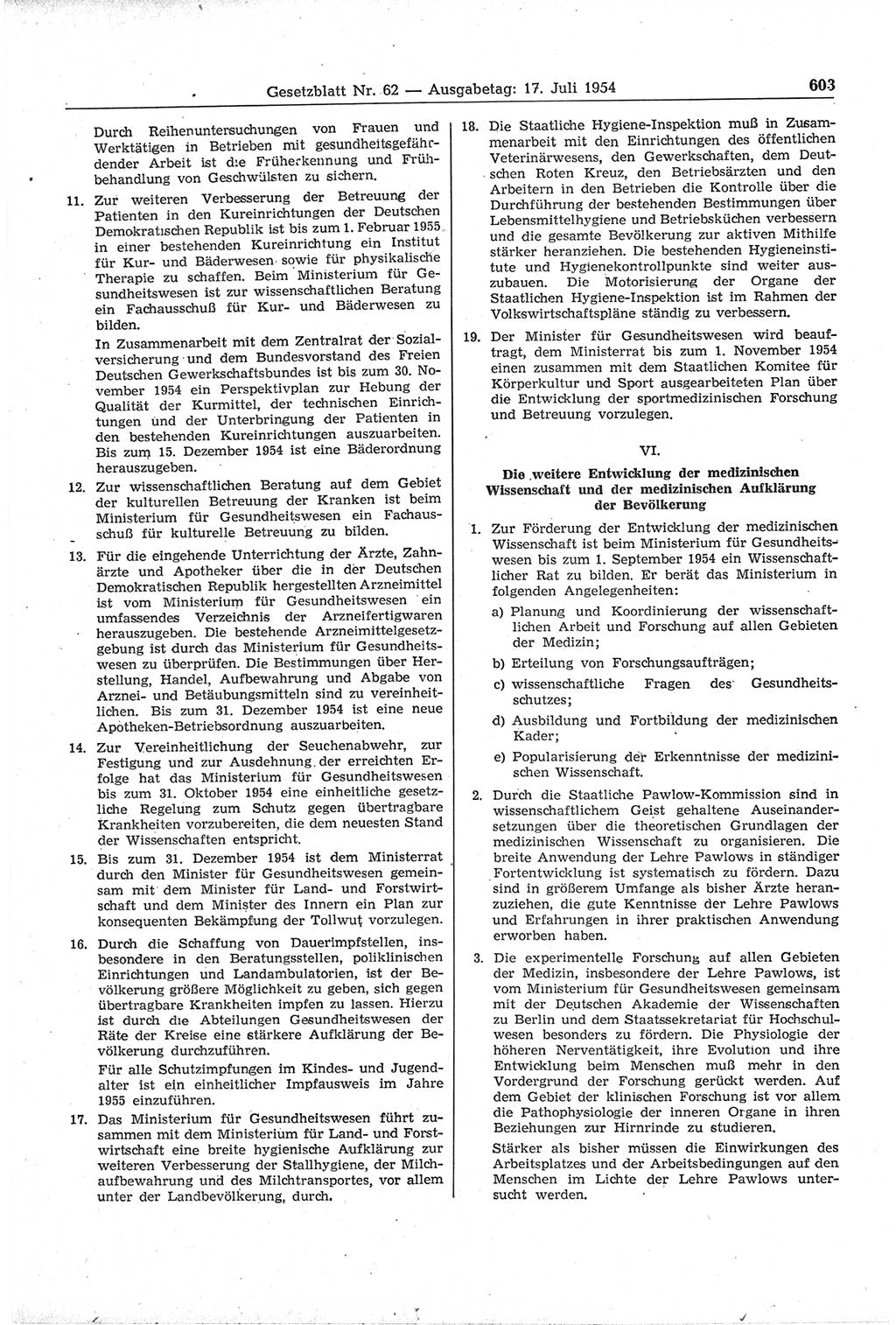 Gesetzblatt (GBl.) der Deutschen Demokratischen Republik (DDR) 1954, Seite 603 (GBl. DDR 1954, S. 603)
