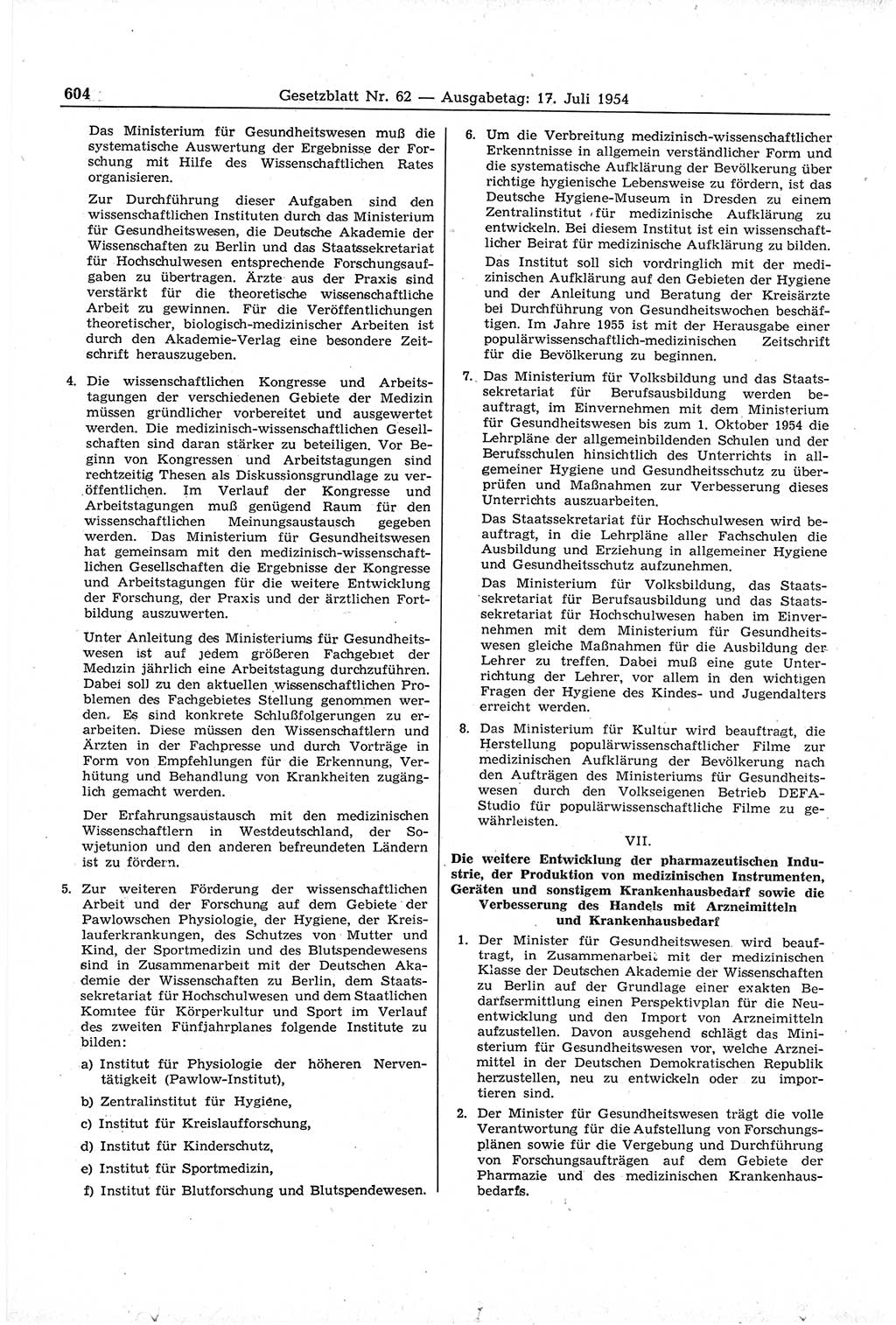 Gesetzblatt (GBl.) der Deutschen Demokratischen Republik (DDR) 1954, Seite 604 (GBl. DDR 1954, S. 604)