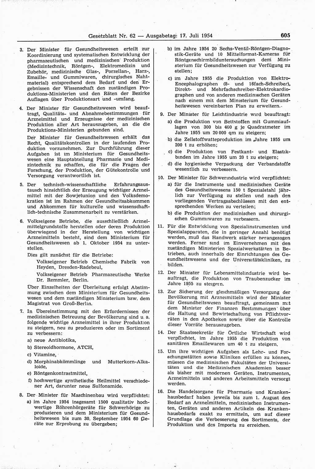 Gesetzblatt (GBl.) der Deutschen Demokratischen Republik (DDR) 1954, Seite 605 (GBl. DDR 1954, S. 605)