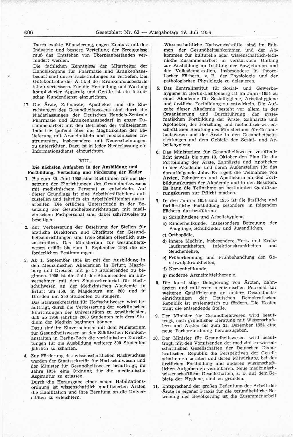 Gesetzblatt (GBl.) der Deutschen Demokratischen Republik (DDR) 1954, Seite 606 (GBl. DDR 1954, S. 606)