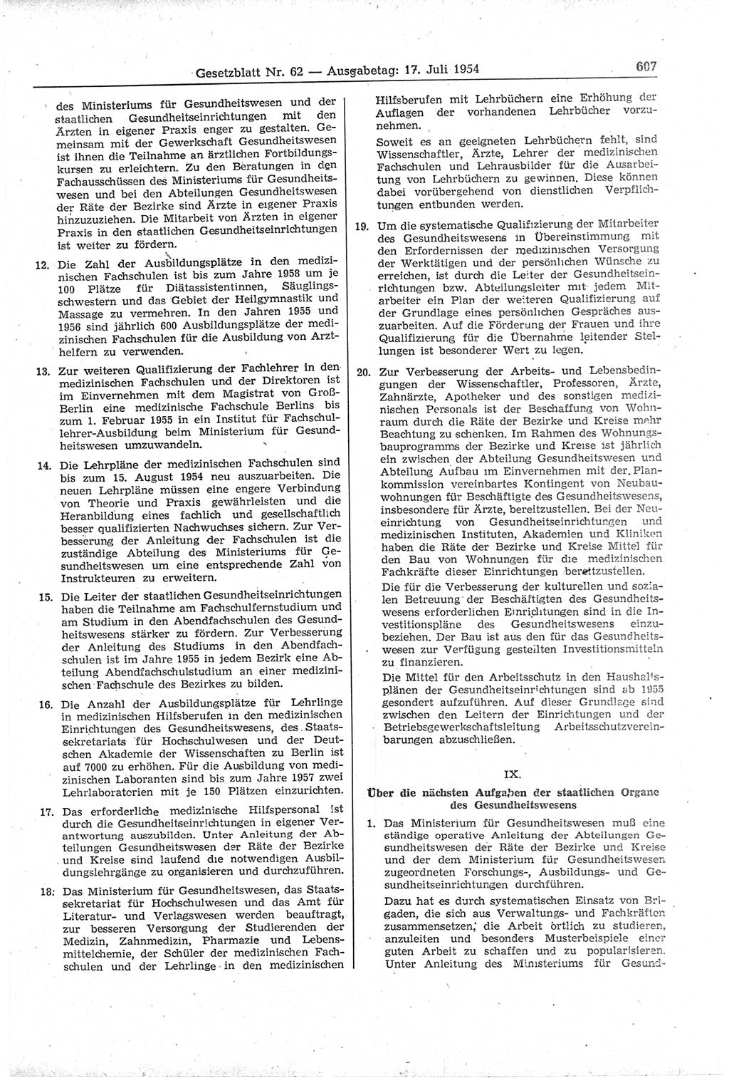 Gesetzblatt (GBl.) der Deutschen Demokratischen Republik (DDR) 1954, Seite 607 (GBl. DDR 1954, S. 607)