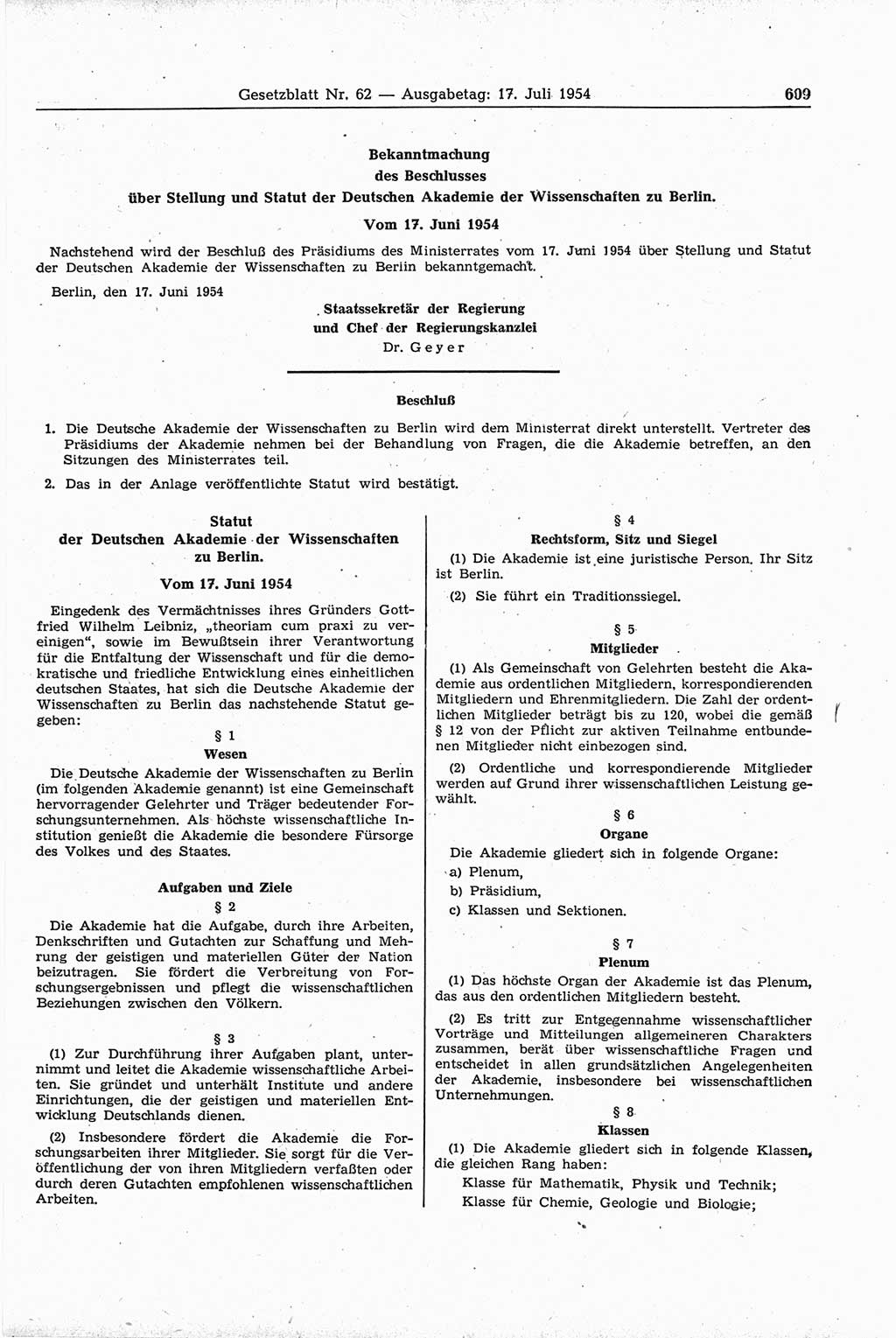 Gesetzblatt (GBl.) der Deutschen Demokratischen Republik (DDR) 1954, Seite 609 (GBl. DDR 1954, S. 609)