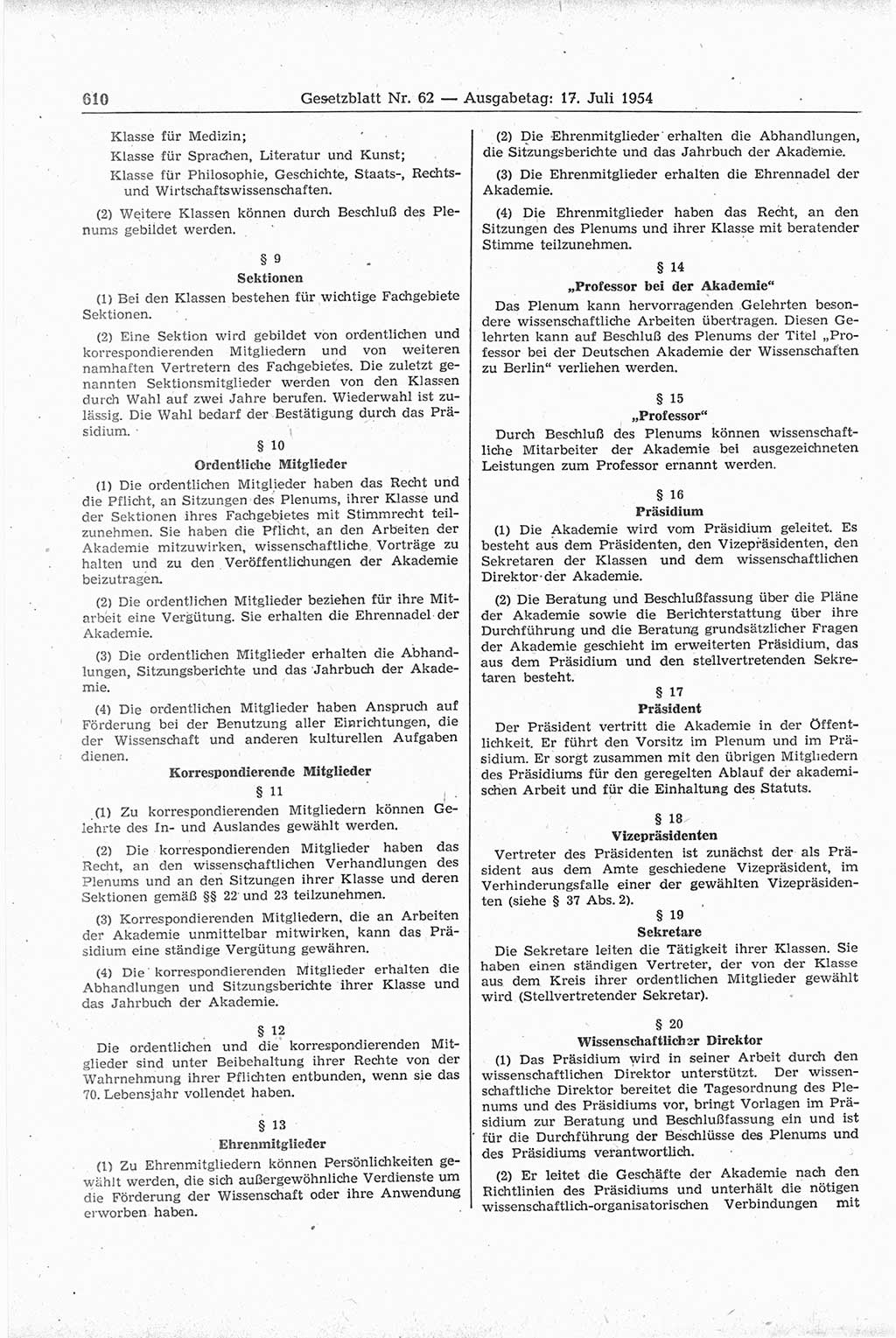 Gesetzblatt (GBl.) der Deutschen Demokratischen Republik (DDR) 1954, Seite 610 (GBl. DDR 1954, S. 610)