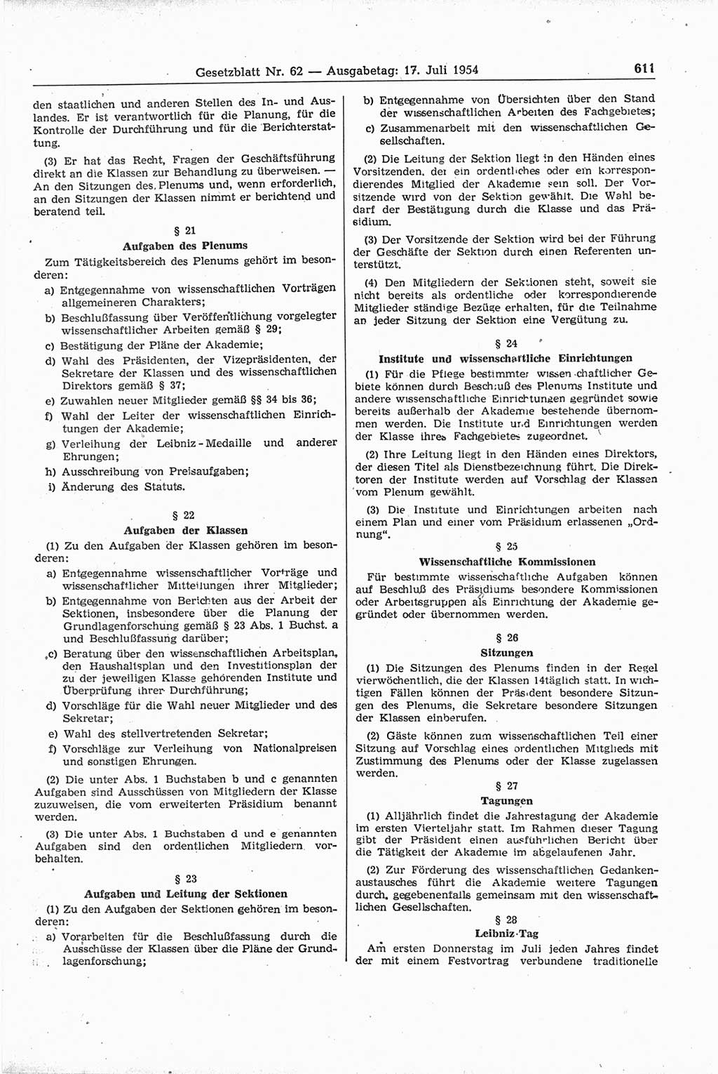 Gesetzblatt (GBl.) der Deutschen Demokratischen Republik (DDR) 1954, Seite 611 (GBl. DDR 1954, S. 611)