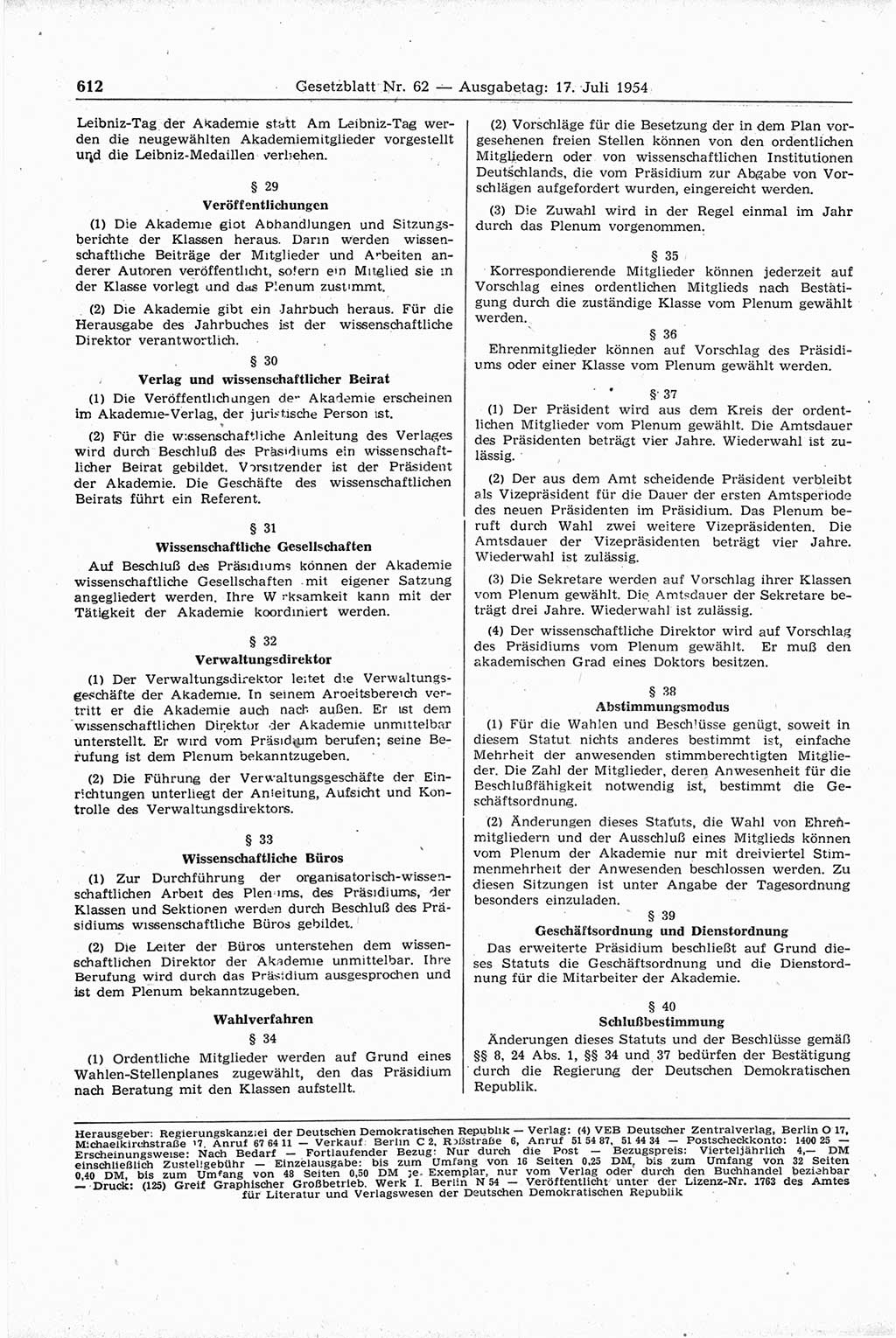 Gesetzblatt (GBl.) der Deutschen Demokratischen Republik (DDR) 1954, Seite 612 (GBl. DDR 1954, S. 612)