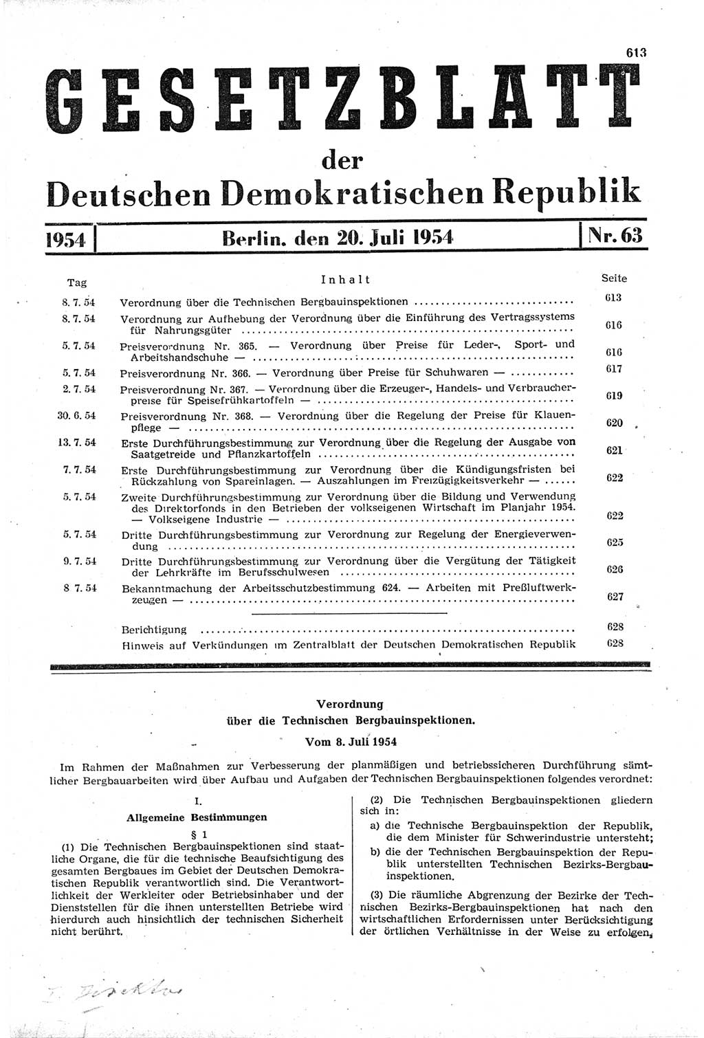 Gesetzblatt (GBl.) der Deutschen Demokratischen Republik (DDR) 1954, Seite 613 (GBl. DDR 1954, S. 613)