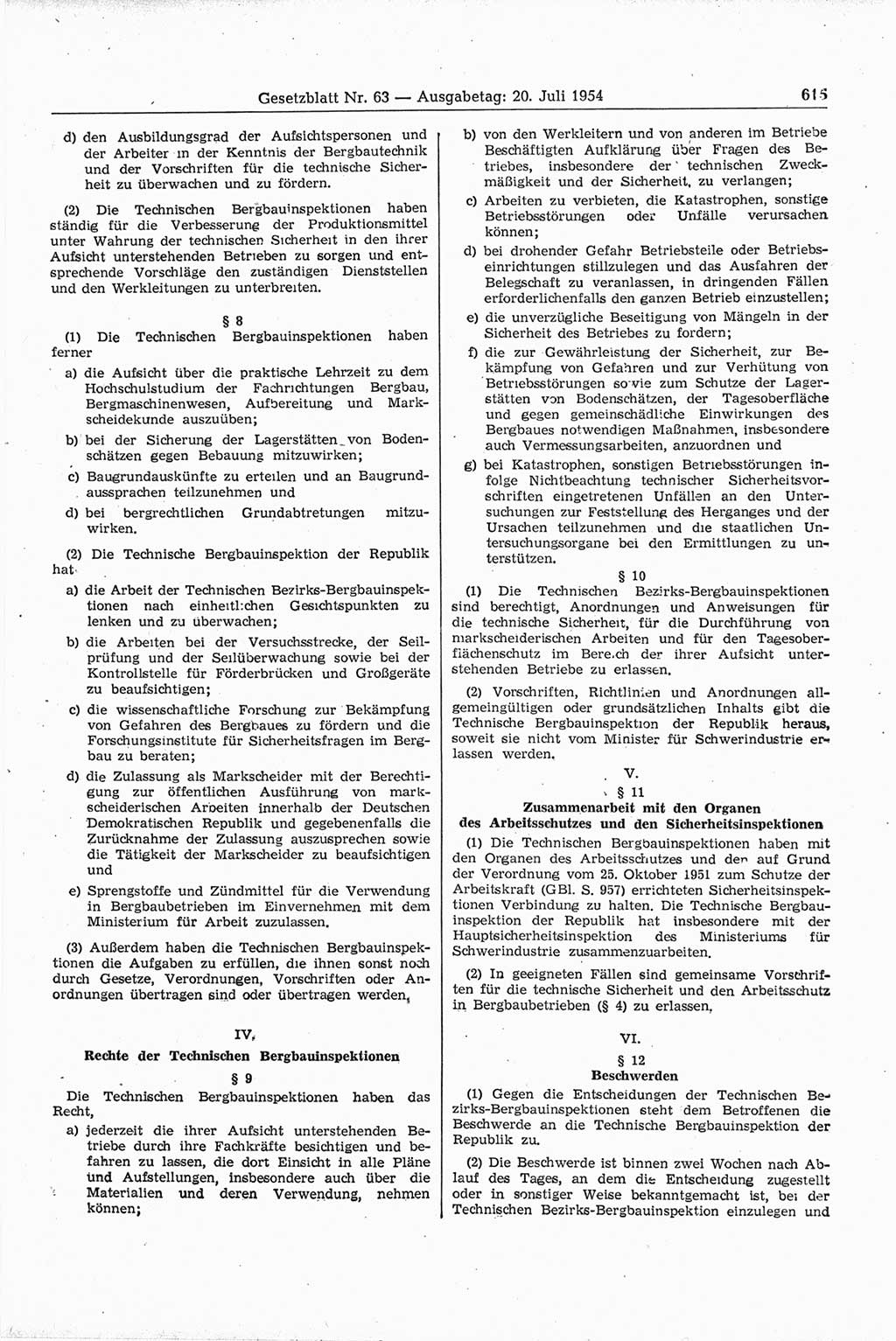 Gesetzblatt (GBl.) der Deutschen Demokratischen Republik (DDR) 1954, Seite 615 (GBl. DDR 1954, S. 615)