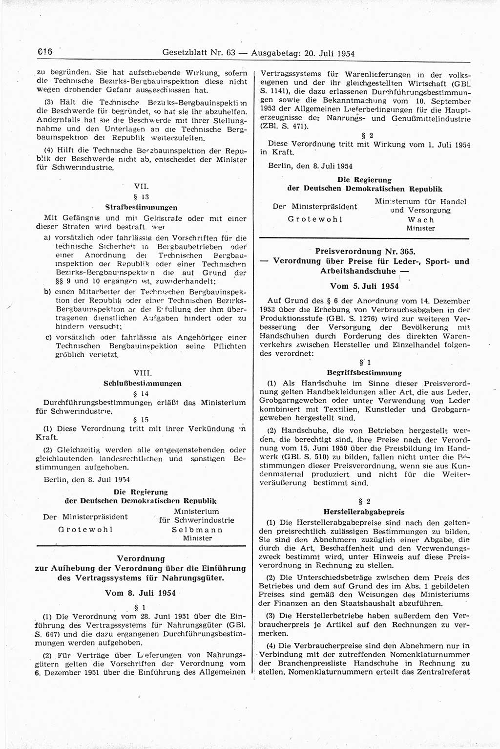 Gesetzblatt (GBl.) der Deutschen Demokratischen Republik (DDR) 1954, Seite 616 (GBl. DDR 1954, S. 616)