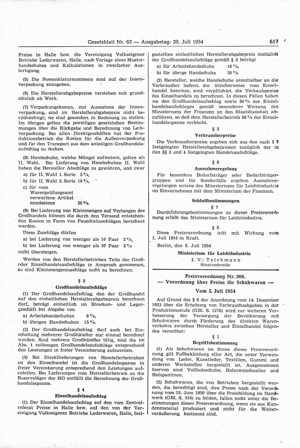 Gesetzblatt (GBl.) der Deutschen Demokratischen Republik (DDR) 1954, Seite 617 (GBl. DDR 1954, S. 617)