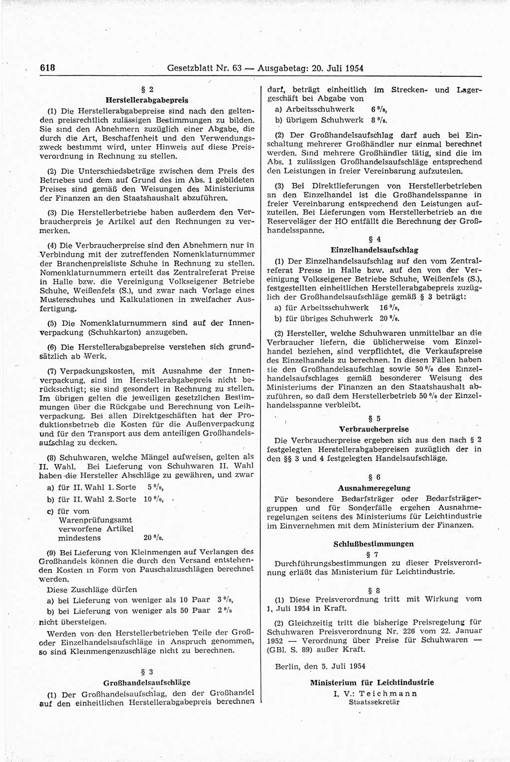Gesetzblatt (GBl.) der Deutschen Demokratischen Republik (DDR) 1954, Seite 618 (GBl. DDR 1954, S. 618)