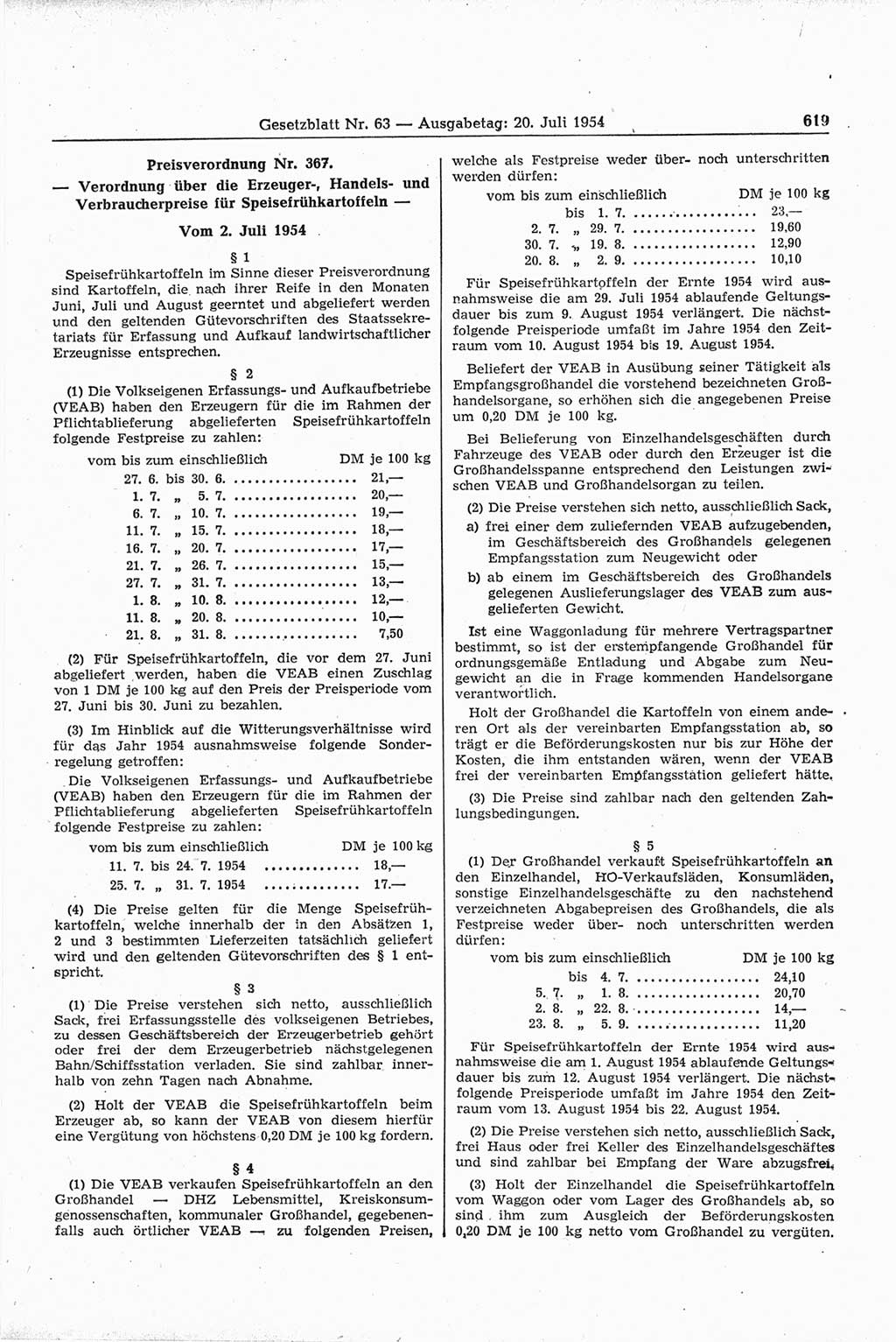 Gesetzblatt (GBl.) der Deutschen Demokratischen Republik (DDR) 1954, Seite 619 (GBl. DDR 1954, S. 619)