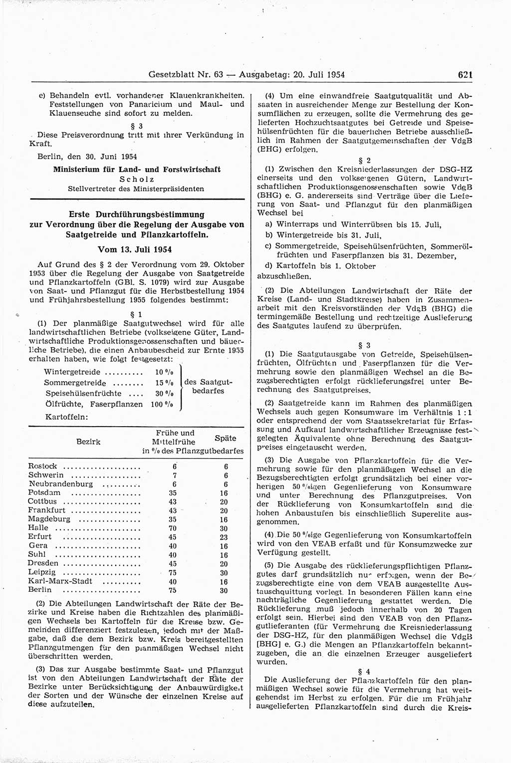Gesetzblatt (GBl.) der Deutschen Demokratischen Republik (DDR) 1954, Seite 621 (GBl. DDR 1954, S. 621)