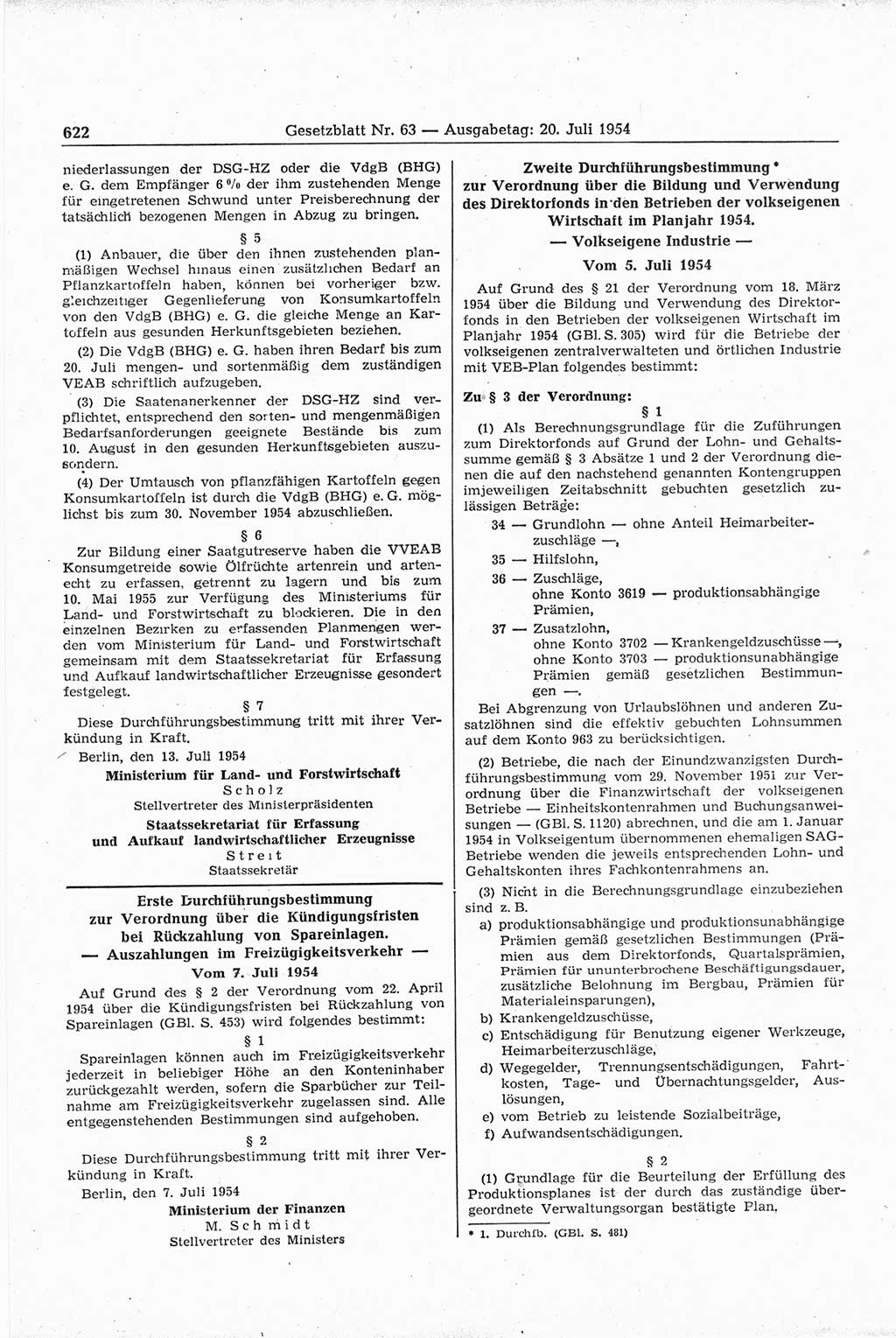 Gesetzblatt (GBl.) der Deutschen Demokratischen Republik (DDR) 1954, Seite 622 (GBl. DDR 1954, S. 622)