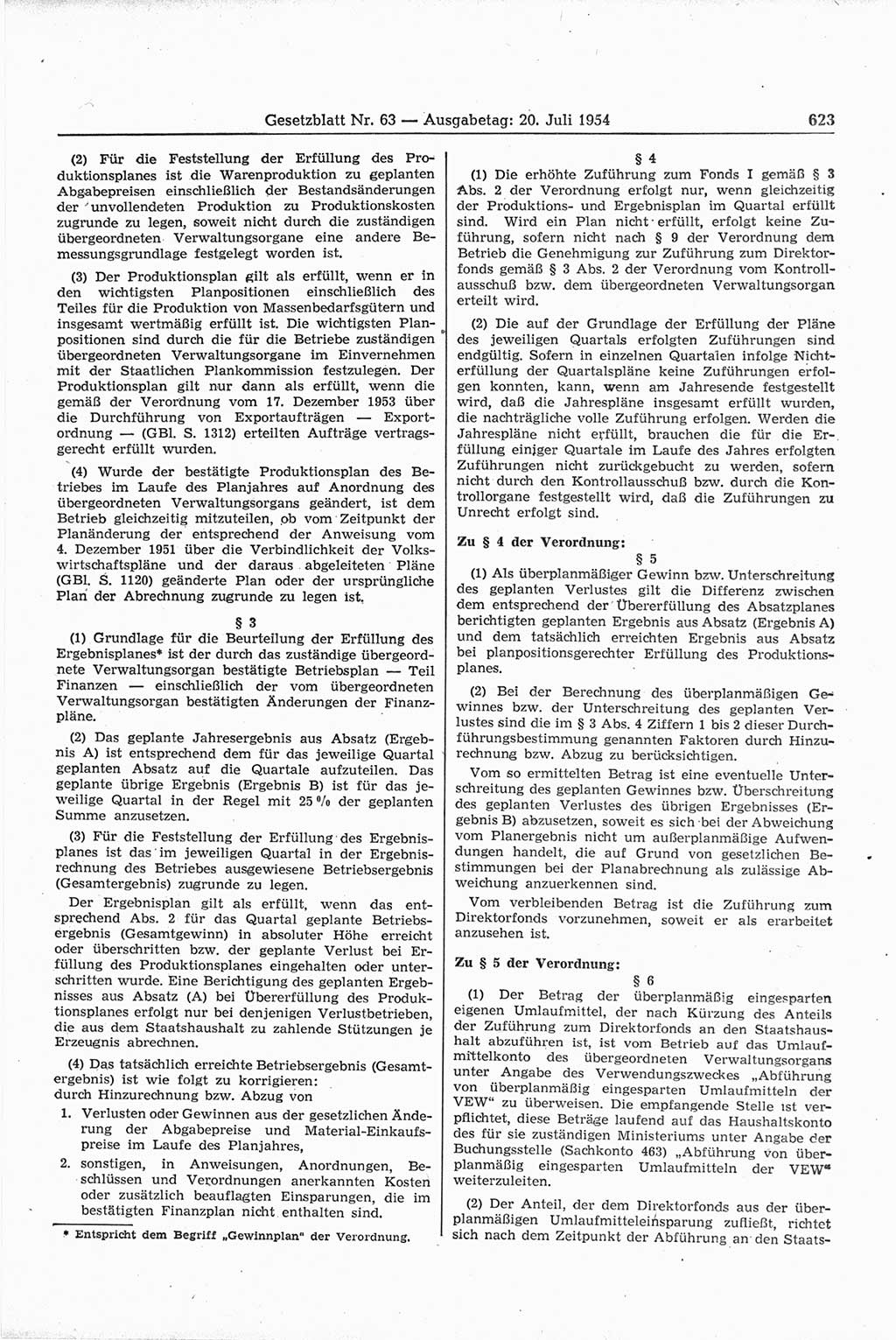 Gesetzblatt (GBl.) der Deutschen Demokratischen Republik (DDR) 1954, Seite 623 (GBl. DDR 1954, S. 623)