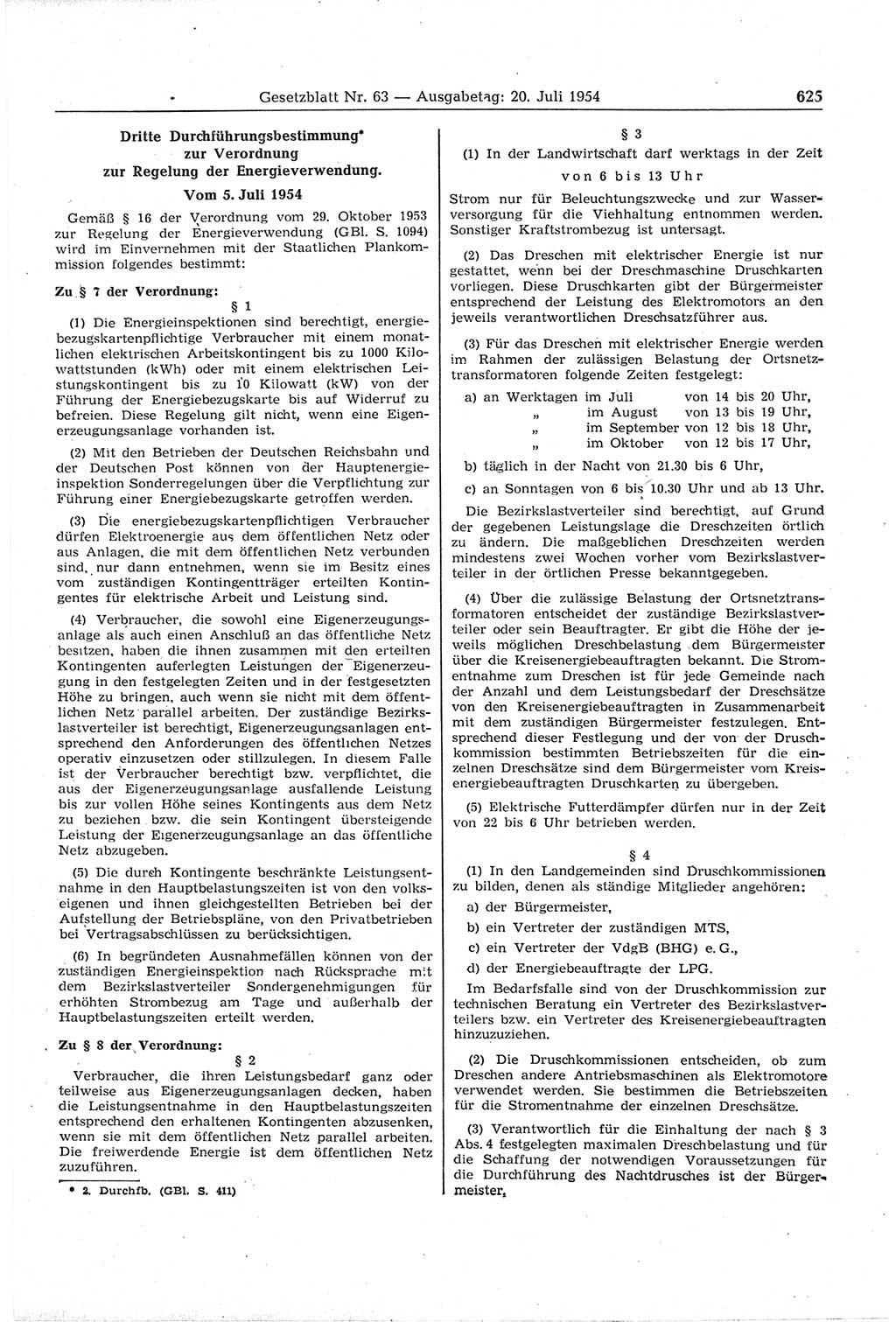 Gesetzblatt (GBl.) der Deutschen Demokratischen Republik (DDR) 1954, Seite 625 (GBl. DDR 1954, S. 625)