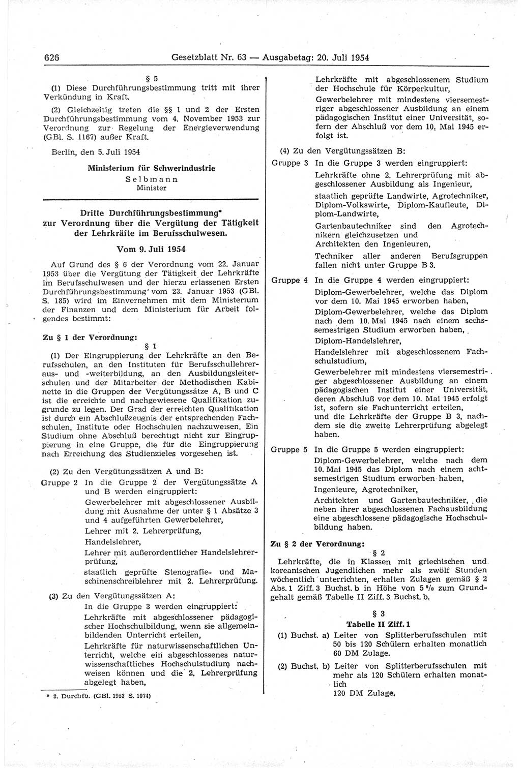 Gesetzblatt (GBl.) der Deutschen Demokratischen Republik (DDR) 1954, Seite 626 (GBl. DDR 1954, S. 626)