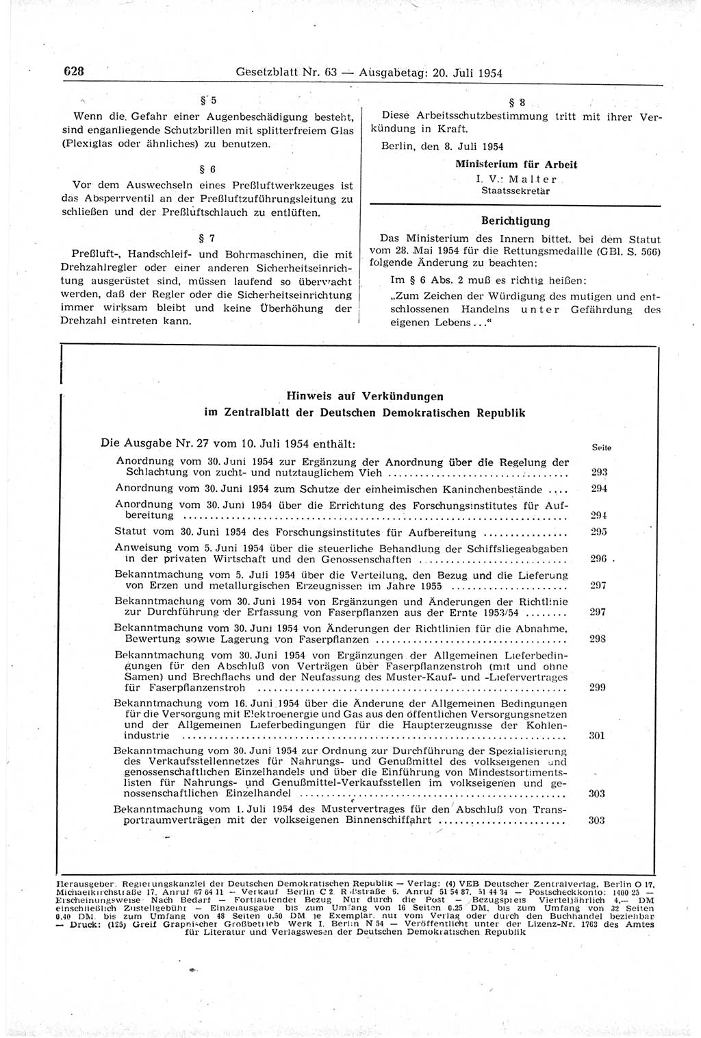 Gesetzblatt (GBl.) der Deutschen Demokratischen Republik (DDR) 1954, Seite 628 (GBl. DDR 1954, S. 628)