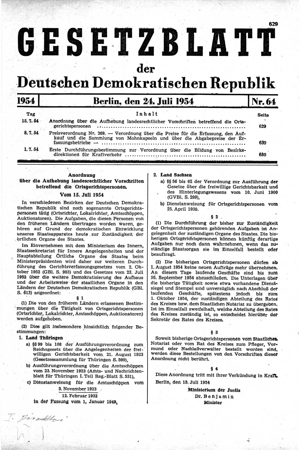 Gesetzblatt (GBl.) der Deutschen Demokratischen Republik (DDR) 1954, Seite 629 (GBl. DDR 1954, S. 629)