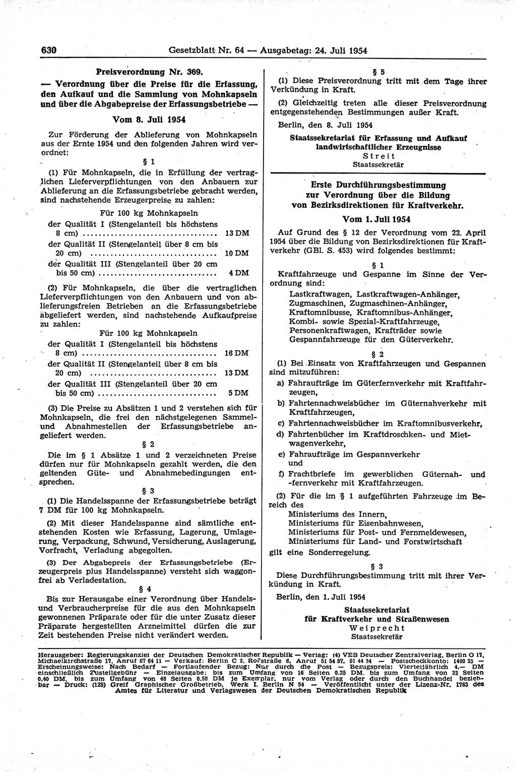 Gesetzblatt (GBl.) der Deutschen Demokratischen Republik (DDR) 1954, Seite 630 (GBl. DDR 1954, S. 630)