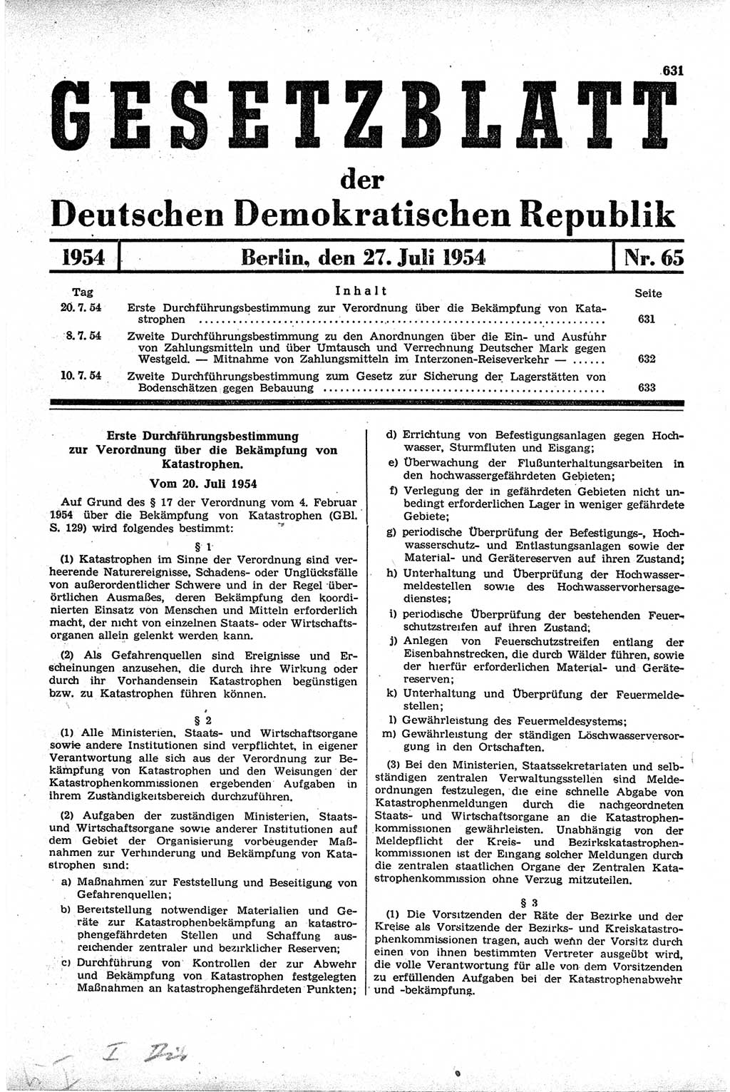 Gesetzblatt (GBl.) der Deutschen Demokratischen Republik (DDR) 1954, Seite 631 (GBl. DDR 1954, S. 631)