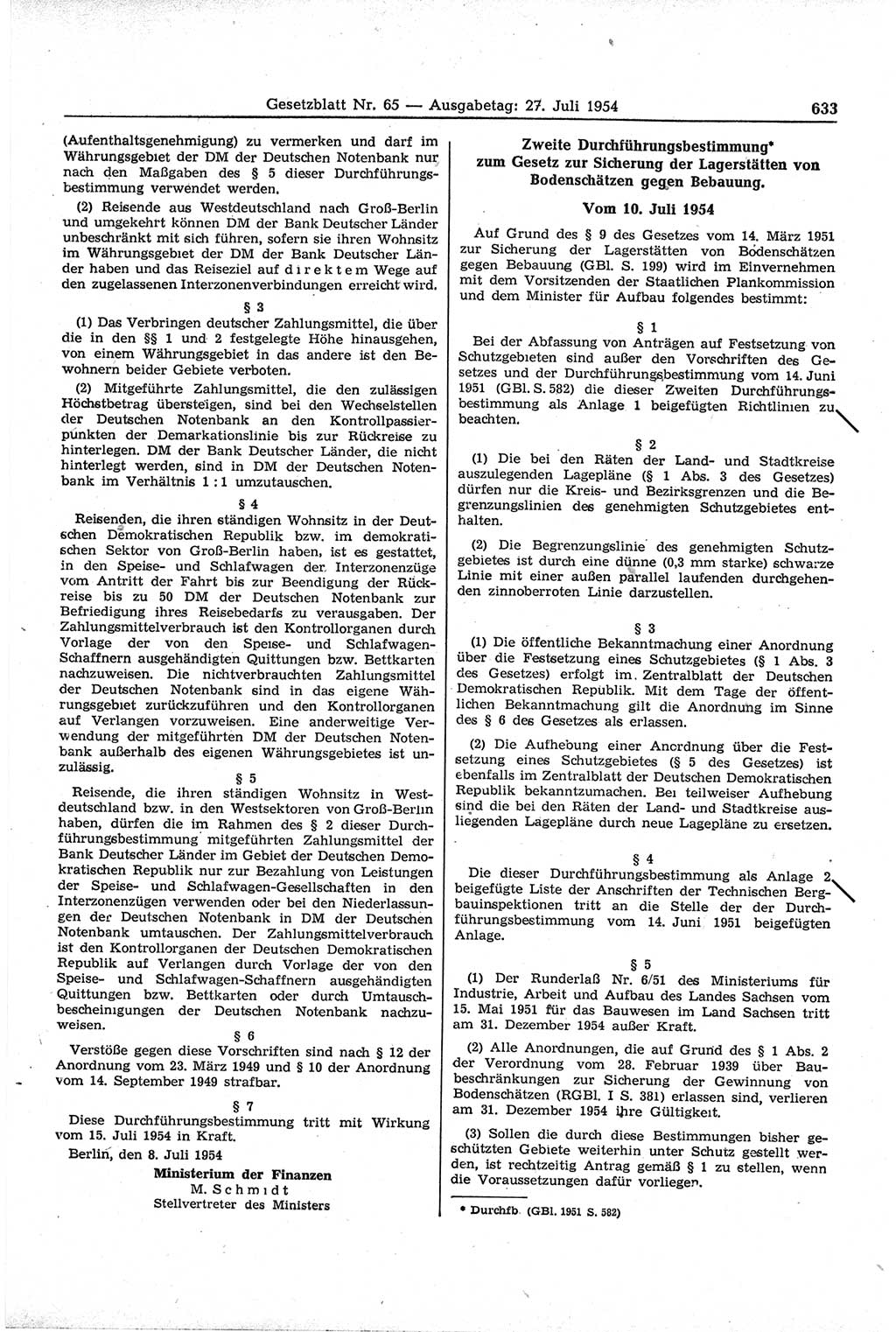 Gesetzblatt (GBl.) der Deutschen Demokratischen Republik (DDR) 1954, Seite 633 (GBl. DDR 1954, S. 633)