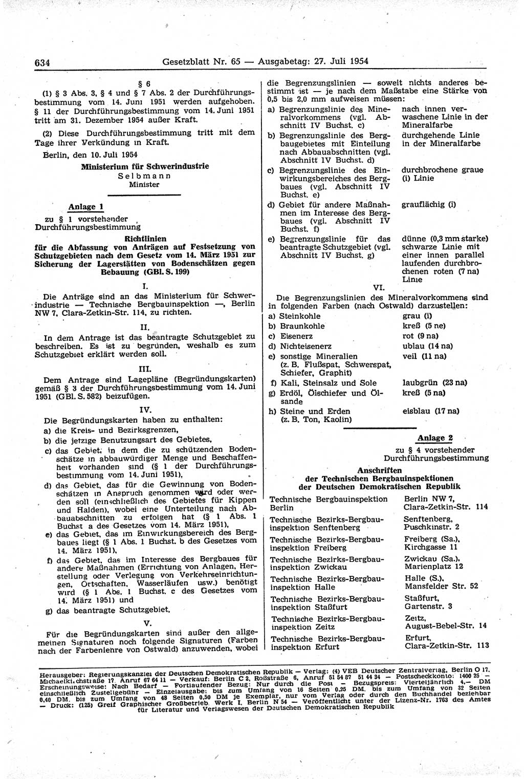 Gesetzblatt (GBl.) der Deutschen Demokratischen Republik (DDR) 1954, Seite 634 (GBl. DDR 1954, S. 634)