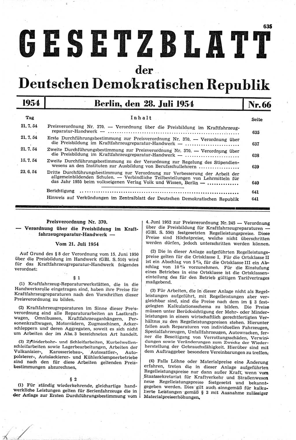 Gesetzblatt (GBl.) der Deutschen Demokratischen Republik (DDR) 1954, Seite 635 (GBl. DDR 1954, S. 635)