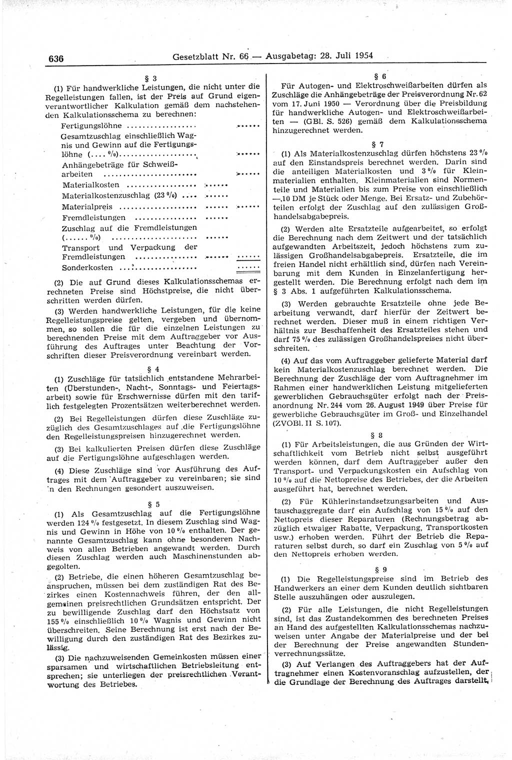 Gesetzblatt (GBl.) der Deutschen Demokratischen Republik (DDR) 1954, Seite 636 (GBl. DDR 1954, S. 636)