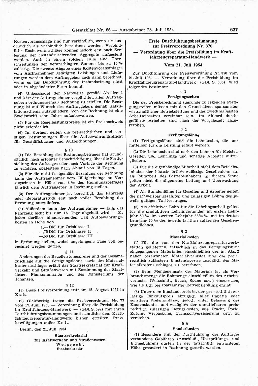 Gesetzblatt (GBl.) der Deutschen Demokratischen Republik (DDR) 1954, Seite 637 (GBl. DDR 1954, S. 637)