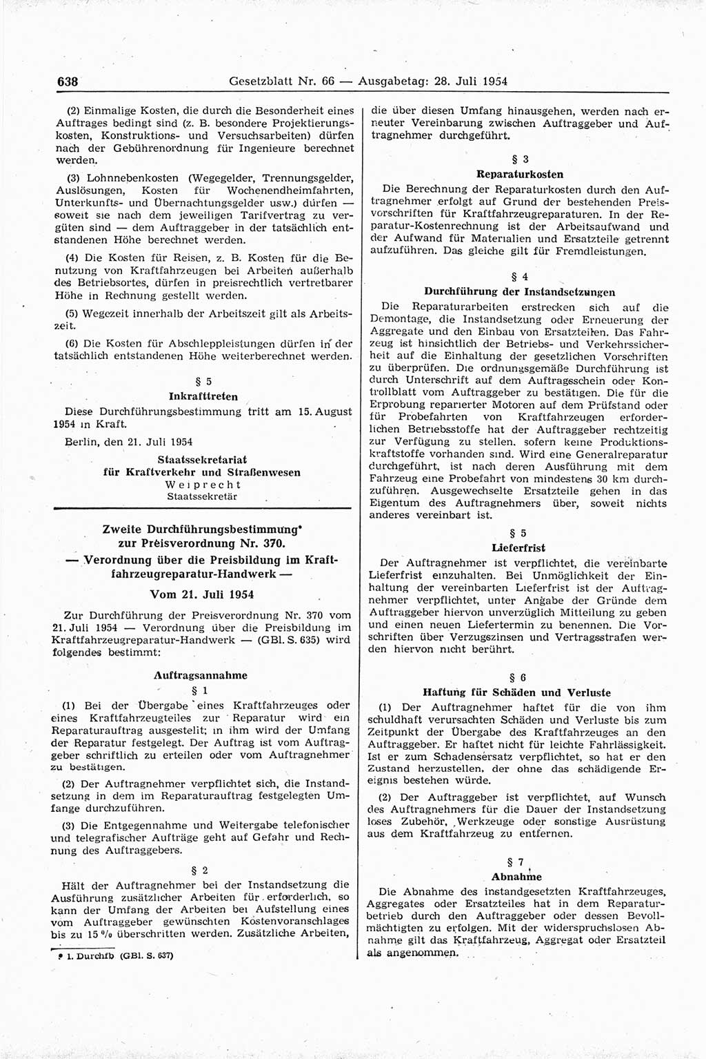 Gesetzblatt (GBl.) der Deutschen Demokratischen Republik (DDR) 1954, Seite 638 (GBl. DDR 1954, S. 638)