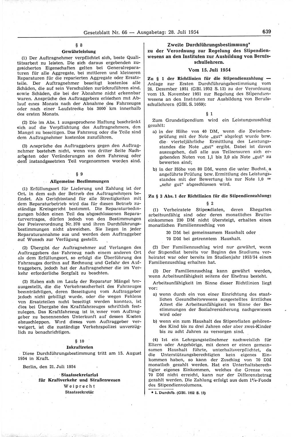 Gesetzblatt (GBl.) der Deutschen Demokratischen Republik (DDR) 1954, Seite 639 (GBl. DDR 1954, S. 639)