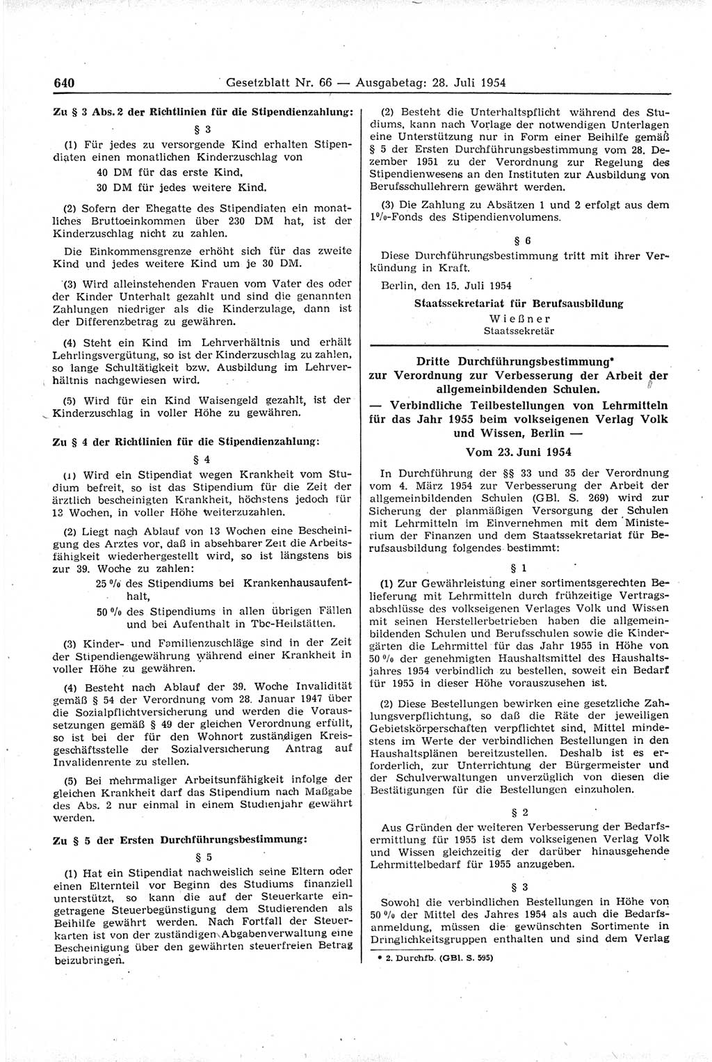 Gesetzblatt (GBl.) der Deutschen Demokratischen Republik (DDR) 1954, Seite 640 (GBl. DDR 1954, S. 640)