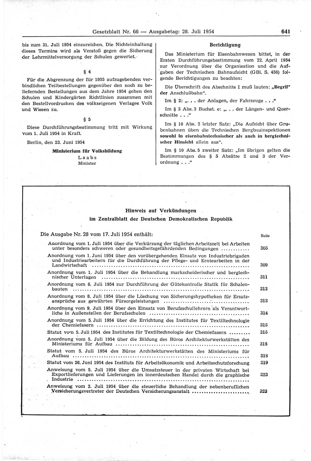 Gesetzblatt (GBl.) der Deutschen Demokratischen Republik (DDR) 1954, Seite 641 (GBl. DDR 1954, S. 641)