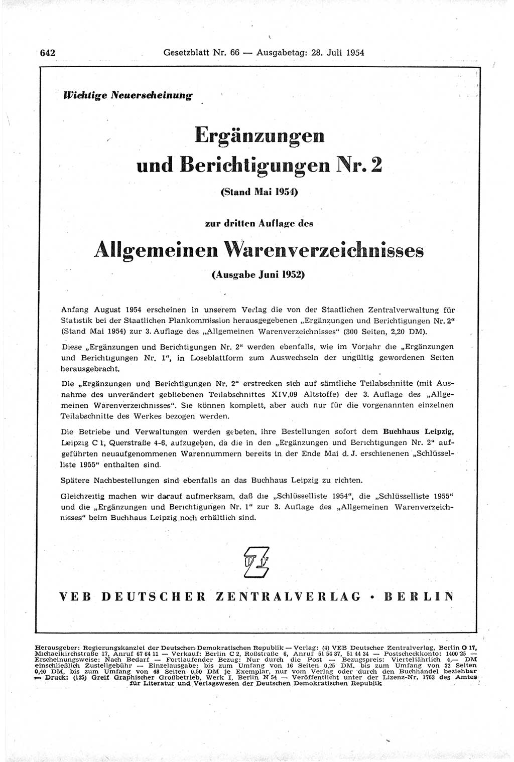 Gesetzblatt (GBl.) der Deutschen Demokratischen Republik (DDR) 1954, Seite 642 (GBl. DDR 1954, S. 642)