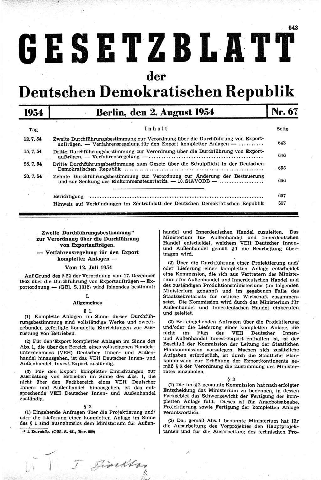 Gesetzblatt (GBl.) der Deutschen Demokratischen Republik (DDR) 1954, Seite 643 (GBl. DDR 1954, S. 643)