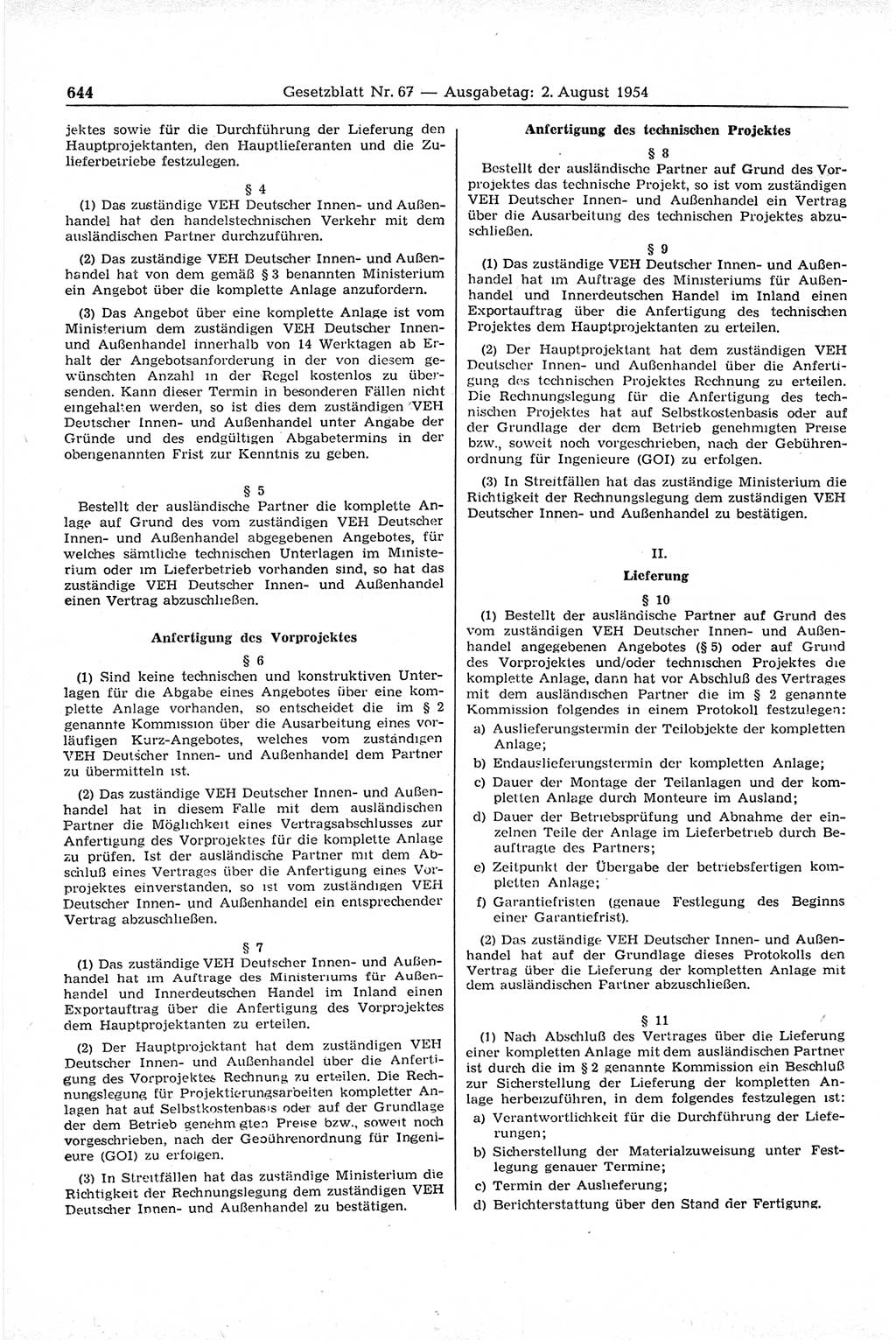 Gesetzblatt (GBl.) der Deutschen Demokratischen Republik (DDR) 1954, Seite 644 (GBl. DDR 1954, S. 644)