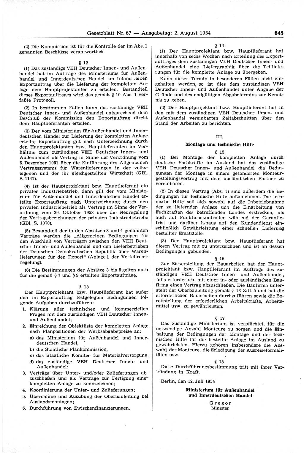 Gesetzblatt (GBl.) der Deutschen Demokratischen Republik (DDR) 1954, Seite 645 (GBl. DDR 1954, S. 645)