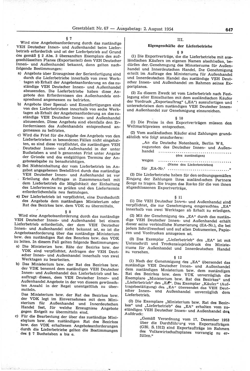 Gesetzblatt (GBl.) der Deutschen Demokratischen Republik (DDR) 1954, Seite 647 (GBl. DDR 1954, S. 647)
