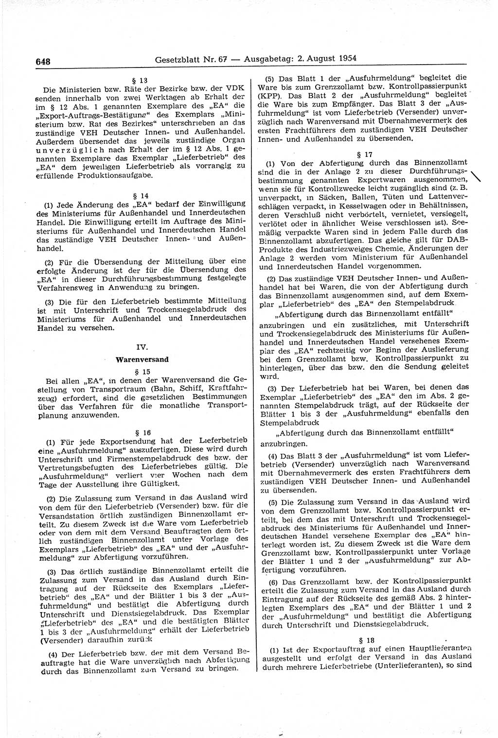 Gesetzblatt (GBl.) der Deutschen Demokratischen Republik (DDR) 1954, Seite 648 (GBl. DDR 1954, S. 648)