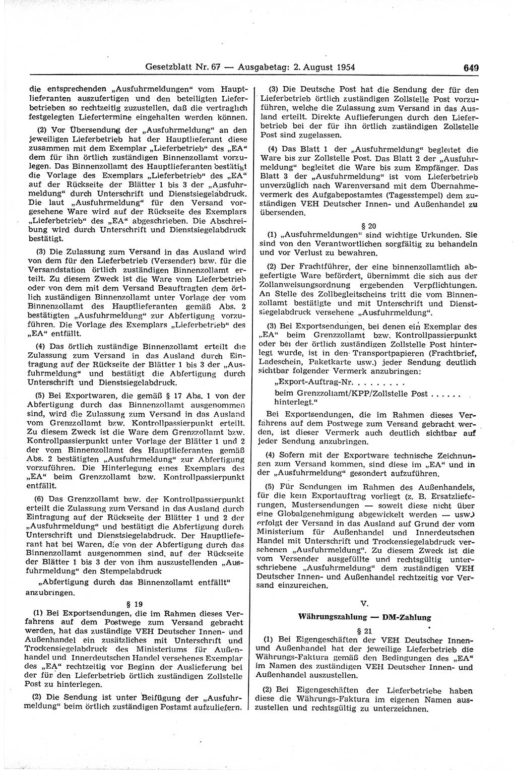 Gesetzblatt (GBl.) der Deutschen Demokratischen Republik (DDR) 1954, Seite 649 (GBl. DDR 1954, S. 649)