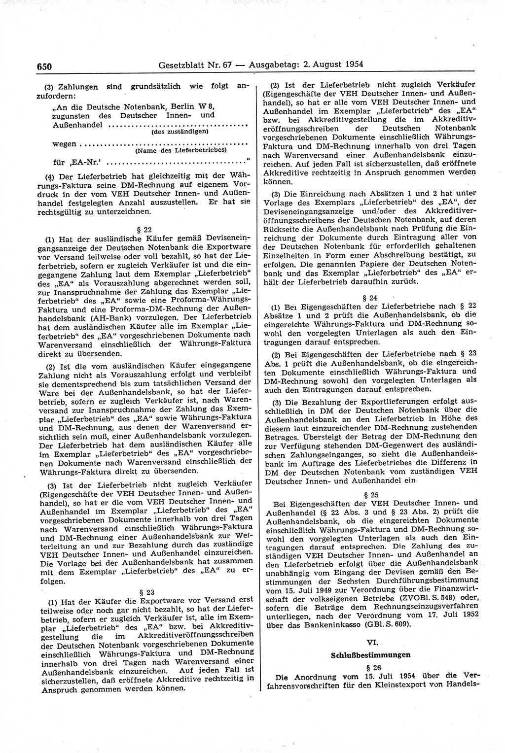 Gesetzblatt (GBl.) der Deutschen Demokratischen Republik (DDR) 1954, Seite 650 (GBl. DDR 1954, S. 650)