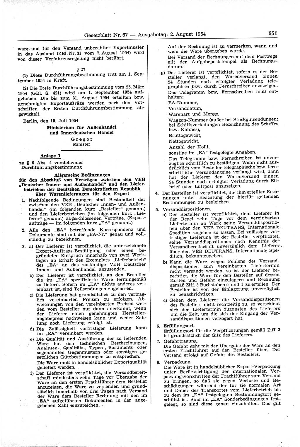 Gesetzblatt (GBl.) der Deutschen Demokratischen Republik (DDR) 1954, Seite 651 (GBl. DDR 1954, S. 651)