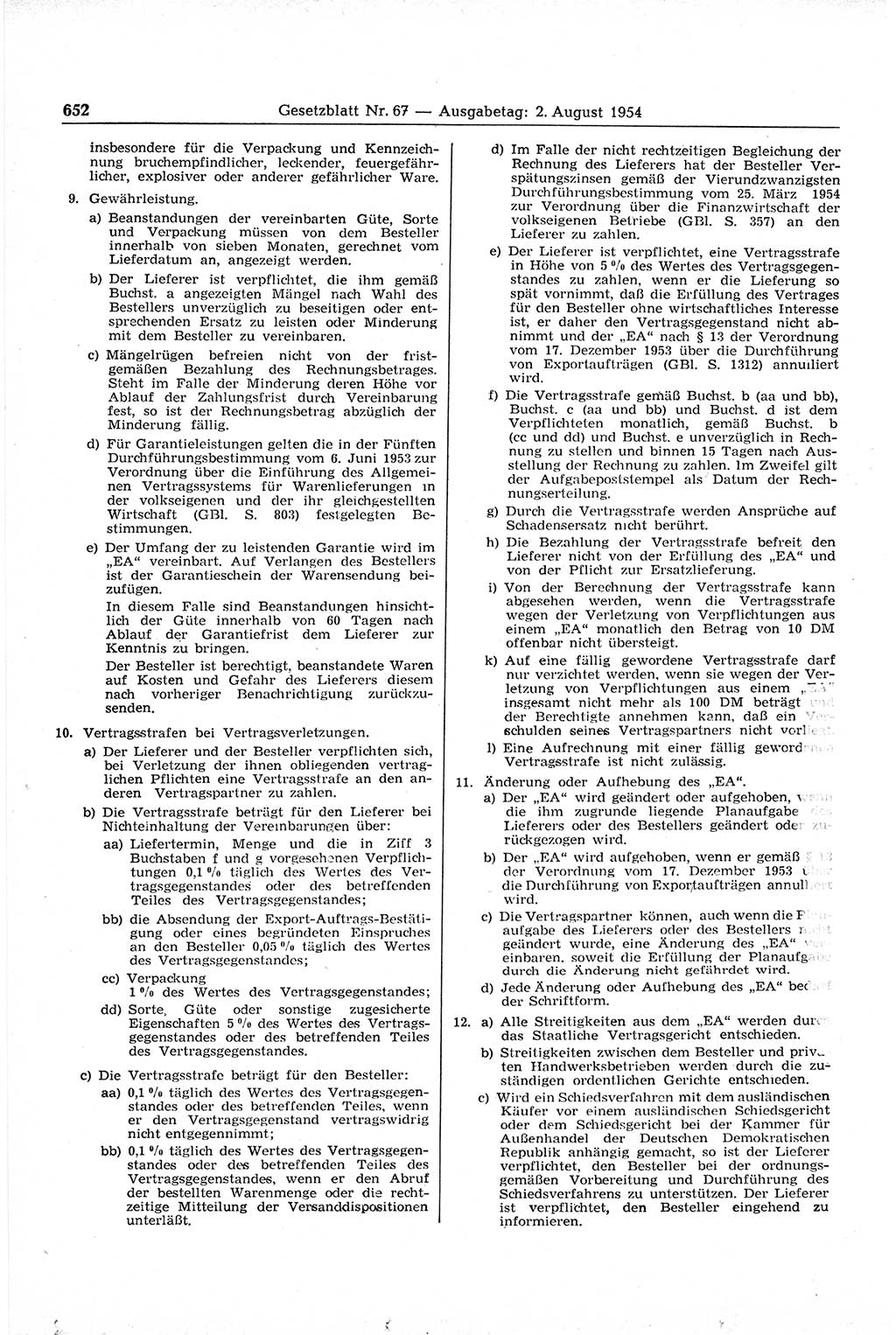 Gesetzblatt (GBl.) der Deutschen Demokratischen Republik (DDR) 1954, Seite 652 (GBl. DDR 1954, S. 652)