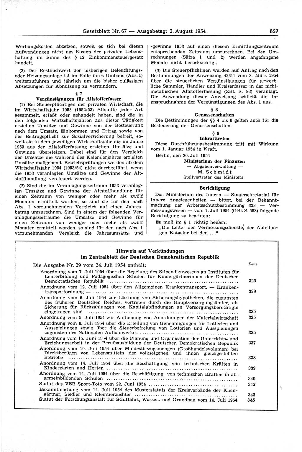 Gesetzblatt (GBl.) der Deutschen Demokratischen Republik (DDR) 1954, Seite 657 (GBl. DDR 1954, S. 657)